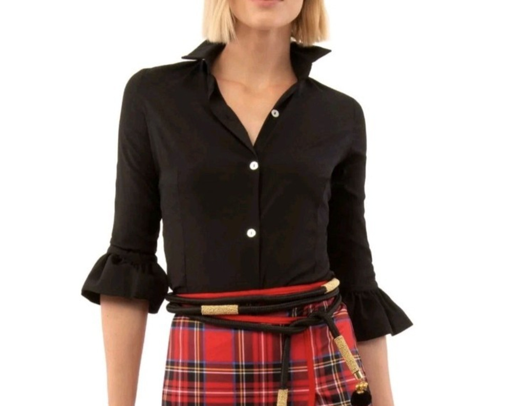Gretchen Scott Black Priss Chiffon Blouse Top Ruffle Sleeves Size Large Preppy